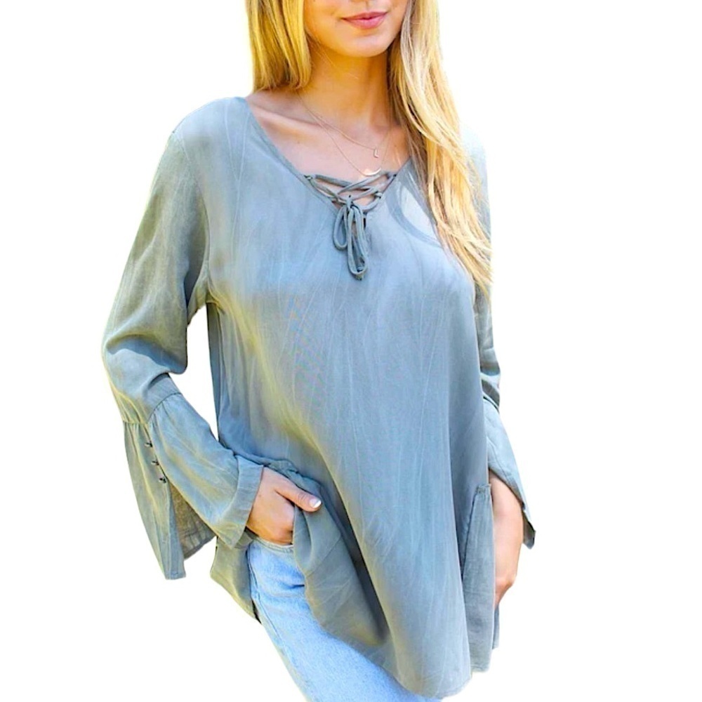 LOANNA Lace Up Front Greenish-Grey Blouse with Bell Sleeves + Buttoned Cuffs